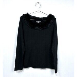 Folio New York Womens Rabbit Fur Trim Crew Neck Sweater Black Silk Size Large